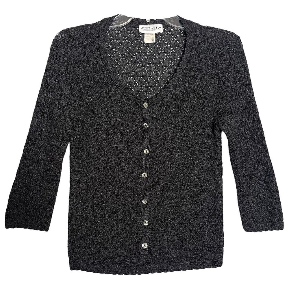 Y2K Crochet Knit Cardigan Sweater Womens Medium Black Witchy Dark Romantic Top